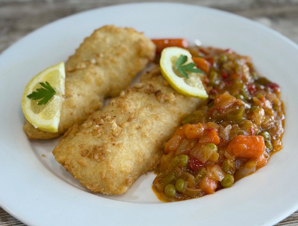 BACALO REBOZADO CON VERDURAS